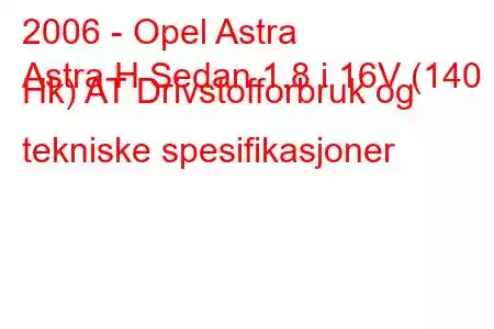 2006 - Opel Astra
Astra H Sedan 1.8 i 16V (140 Hk) AT Drivstofforbruk og tekniske spesifikasjoner