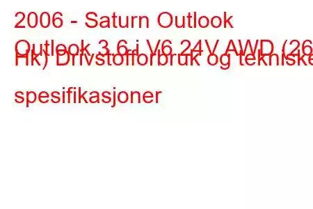 2006 - Saturn Outlook
Outlook 3.6 i V6 24V AWD (269 Hk) Drivstofforbruk og tekniske spesifikasjoner