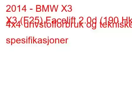 2014 - BMW X3
X3 (F25) Facelift 2.0d (190 Hk) 4x4 drivstofforbruk og tekniske spesifikasjoner