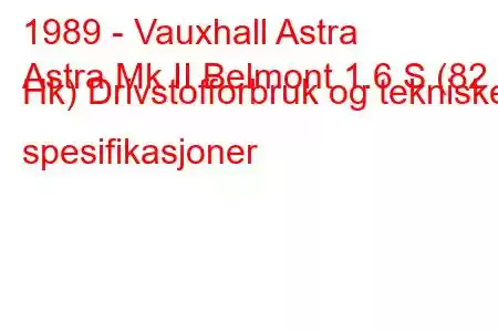 1989 - Vauxhall Astra
Astra Mk II Belmont 1.6 S (82 Hk) Drivstofforbruk og tekniske spesifikasjoner