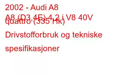 2002 - Audi A8
A8 (D3,4E) 4.2 i V8 40V quattro (335 Hk) Drivstofforbruk og tekniske spesifikasjoner