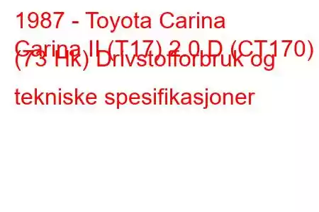 1987 - Toyota Carina
Carina II (T17) 2.0 D (CT170) (73 Hk) Drivstofforbruk og tekniske spesifikasjoner