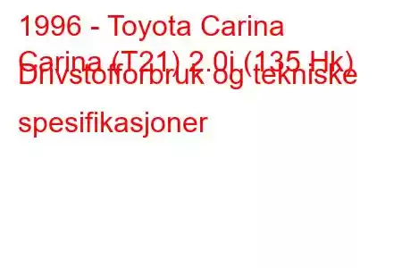 1996 - Toyota Carina
Carina (T21) 2.0i (135 Hk) Drivstofforbruk og tekniske spesifikasjoner