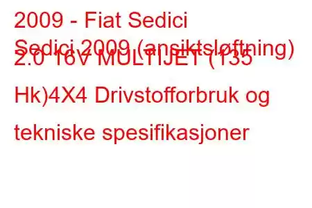 2009 - Fiat Sedici
Sedici 2009 (ansiktsløftning) 2.0 16V MULTIJET (135 Hk)4X4 Drivstofforbruk og tekniske spesifikasjoner