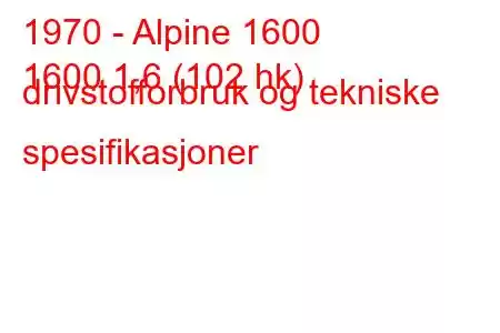 1970 - Alpine 1600
1600 1,6 (102 hk) drivstofforbruk og tekniske spesifikasjoner