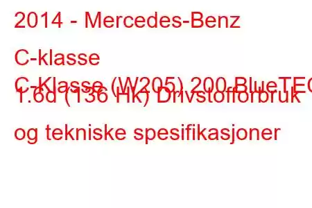 2014 - Mercedes-Benz C-klasse
C-Klasse (W205) 200 BlueTEC 1.6d (136 Hk) Drivstofforbruk og tekniske spesifikasjoner