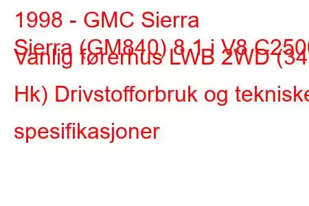 1998 - GMC Sierra
Sierra (GM840) 8.1 i V8 C2500 Vanlig førerhus LWB 2WD (340 Hk) Drivstofforbruk og tekniske spesifikasjoner