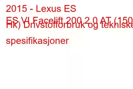 2015 - Lexus ES
ES VI Facelift 200 2.0 AT (150 Hk) Drivstofforbruk og tekniske spesifikasjoner