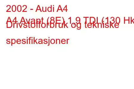 2002 - Audi A4
A4 Avant (8E) 1,9 TDI (130 Hk) Drivstofforbruk og tekniske spesifikasjoner