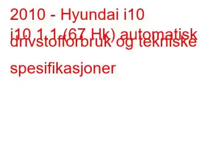 2010 - Hyundai i10
i10 1.1 (67 Hk) automatisk drivstofforbruk og tekniske spesifikasjoner