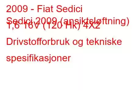 2009 - Fiat Sedici
Sedici 2009 (ansiktsløftning) 1,6 16V (120 Hk) 4X2 Drivstofforbruk og tekniske spesifikasjoner