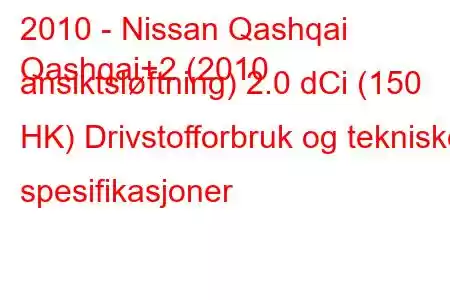 2010 - Nissan Qashqai
Qashqai+2 (2010 ansiktsløftning) 2.0 dCi (150 HK) Drivstofforbruk og tekniske spesifikasjoner