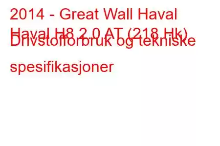 2014 - Great Wall Haval
Haval H8 2.0 AT (218 Hk) Drivstofforbruk og tekniske spesifikasjoner