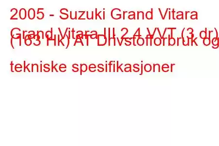 2005 - Suzuki Grand Vitara
Grand Vitara III 2.4 VVT (3 dr) (163 Hk) AT Drivstofforbruk og tekniske spesifikasjoner