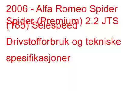 2006 - Alfa Romeo Spider
Spider (Premium) 2.2 JTS (185) Selespeed Drivstofforbruk og tekniske spesifikasjoner