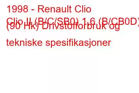 1998 - Renault Clio
Clio II (B/C/SB0) 1,6 (B/CB0D) (90 Hk) Drivstofforbruk og tekniske spesifikasjoner