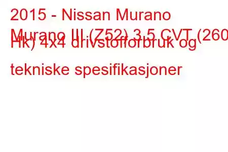 2015 - Nissan Murano
Murano III (Z52) 3,5 CVT (260 Hk) 4x4 drivstofforbruk og tekniske spesifikasjoner