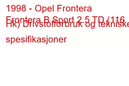 1998 - Opel Frontera
Frontera B Sport 2.5 TD (116 Hk) Drivstofforbruk og tekniske spesifikasjoner