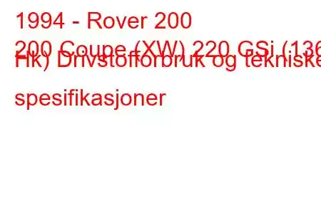 1994 - Rover 200
200 Coupe (XW) 220 GSi (136 Hk) Drivstofforbruk og tekniske spesifikasjoner