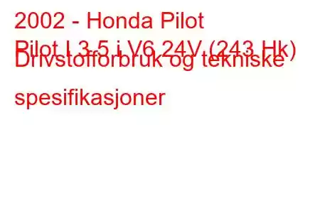 2002 - Honda Pilot
Pilot I 3.5 i V6 24V (243 Hk) Drivstofforbruk og tekniske spesifikasjoner