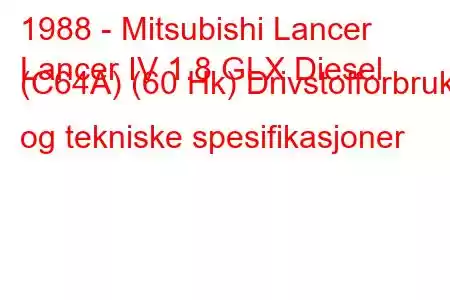 1988 - Mitsubishi Lancer
Lancer IV 1.8 GLX Diesel (C64A) (60 Hk) Drivstofforbruk og tekniske spesifikasjoner