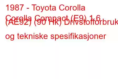 1987 - Toyota Corolla
Corolla Compact (E9) 1.6 (AE92) (90 Hk) Drivstofforbruk og tekniske spesifikasjoner