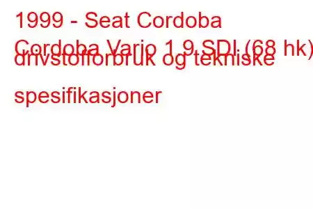 1999 - Seat Cordoba
Cordoba Vario 1.9 SDI (68 hk) drivstofforbruk og tekniske spesifikasjoner