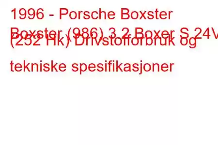 1996 - Porsche Boxster
Boxster (986) 3.2 Boxer S 24V (252 Hk) Drivstofforbruk og tekniske spesifikasjoner