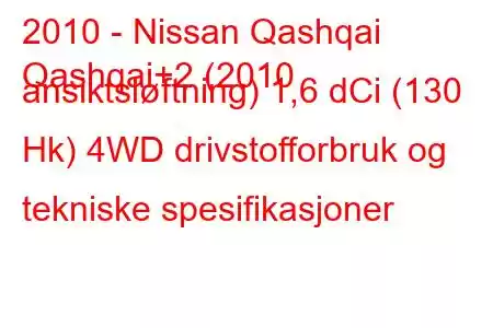 2010 - Nissan Qashqai
Qashqai+2 (2010 ansiktsløftning) 1,6 dCi (130 Hk) 4WD drivstofforbruk og tekniske spesifikasjoner