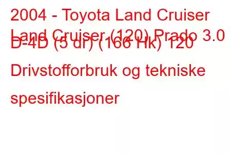 2004 - Toyota Land Cruiser
Land Cruiser (120) Prado 3.0 D-4D (5 dr) (166 Hk) 120 Drivstofforbruk og tekniske spesifikasjoner