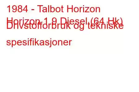 1984 - Talbot Horizon
Horizon 1.9 Diesel (64 Hk) Drivstofforbruk og tekniske spesifikasjoner