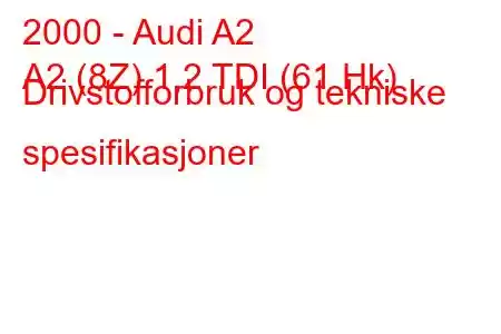 2000 - Audi A2
A2 (8Z) 1,2 TDI (61 Hk) Drivstofforbruk og tekniske spesifikasjoner