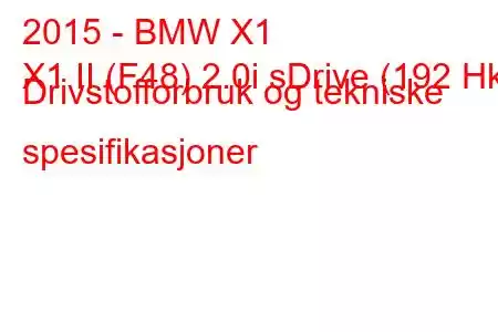 2015 - BMW X1
X1 II (F48) 2.0i sDrive (192 Hk) Drivstofforbruk og tekniske spesifikasjoner