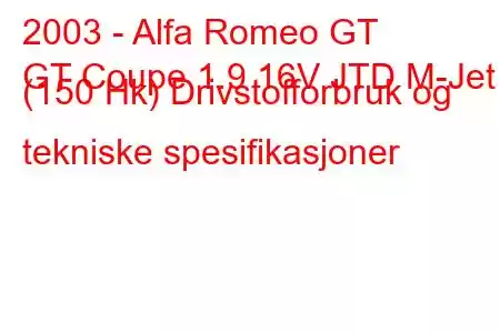 2003 - Alfa Romeo GT
GT Coupe 1.9 16V JTD M-Jet (150 Hk) Drivstofforbruk og tekniske spesifikasjoner