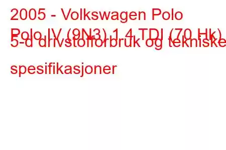 2005 - Volkswagen Polo
Polo IV (9N3) 1.4 TDI (70 Hk) 5-d drivstofforbruk og tekniske spesifikasjoner