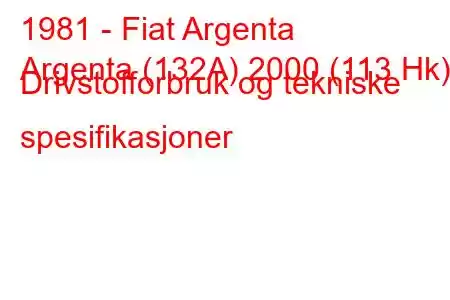 1981 - Fiat Argenta
Argenta (132A) 2000 (113 Hk) Drivstofforbruk og tekniske spesifikasjoner