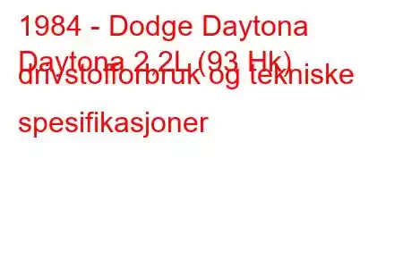 1984 - Dodge Daytona
Daytona 2,2L (93 Hk) drivstofforbruk og tekniske spesifikasjoner