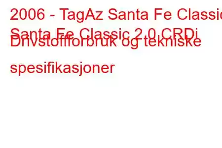 2006 - TagAz Santa Fe Classic
Santa Fe Classic 2.0 CRDi Drivstoffforbruk og tekniske spesifikasjoner