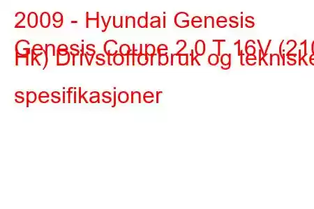 2009 - Hyundai Genesis
Genesis Coupe 2.0 T 16V (210 Hk) Drivstofforbruk og tekniske spesifikasjoner