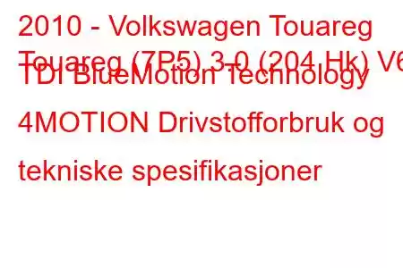 2010 - Volkswagen Touareg
Touareg (7P5) 3.0 (204 Hk) V6 TDI BlueMotion Technology 4MOTION Drivstofforbruk og tekniske spesifikasjoner