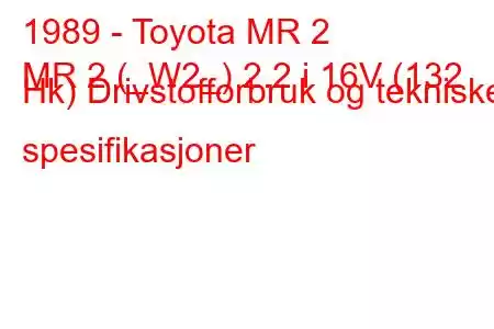 1989 - Toyota MR 2
MR 2 (_W2_) 2.2 i 16V (132 Hk) Drivstofforbruk og tekniske spesifikasjoner