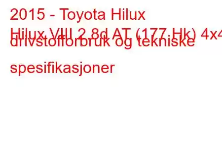 2015 - Toyota Hilux
Hilux VIII 2.8d AT (177 Hk) 4x4 drivstofforbruk og tekniske spesifikasjoner