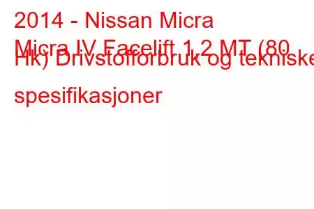 2014 - Nissan Micra
Micra IV Facelift 1,2 MT (80 Hk) Drivstofforbruk og tekniske spesifikasjoner