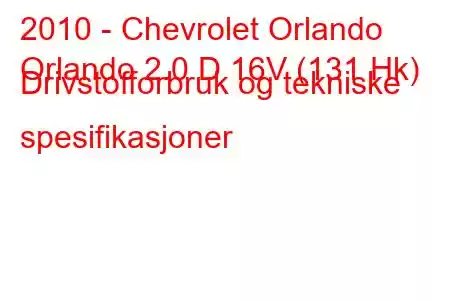 2010 - Chevrolet Orlando
Orlando 2.0 D 16V (131 Hk) Drivstofforbruk og tekniske spesifikasjoner