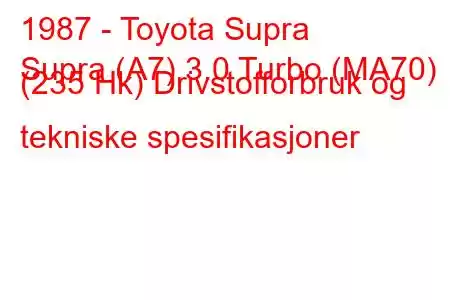 1987 - Toyota Supra
Supra (A7) 3.0 Turbo (MA70) (235 Hk) Drivstofforbruk og tekniske spesifikasjoner