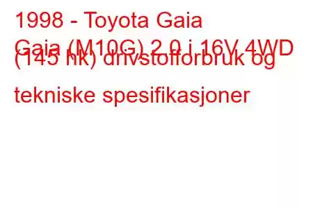 1998 - Toyota Gaia
Gaia (M10G) 2.0 i 16V 4WD (145 hk) drivstofforbruk og tekniske spesifikasjoner