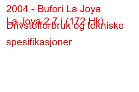 2004 - Bufori La Joya
La Joya 2.7 i (172 Hk) Drivstofforbruk og tekniske spesifikasjoner