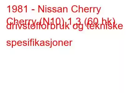 1981 - Nissan Cherry
Cherry (N10) 1,3 (60 hk) drivstofforbruk og tekniske spesifikasjoner