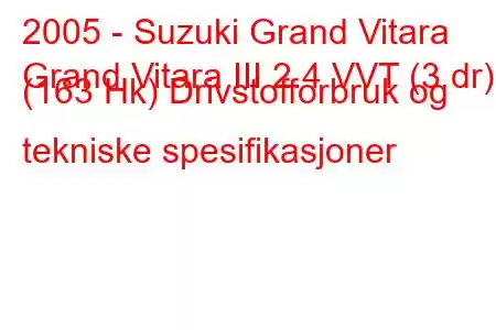 2005 - Suzuki Grand Vitara
Grand Vitara III 2.4 VVT (3 dr) (163 Hk) Drivstofforbruk og tekniske spesifikasjoner