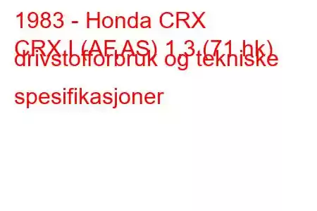 1983 - Honda CRX
CRX I (AF,AS) 1,3 (71 hk) drivstofforbruk og tekniske spesifikasjoner